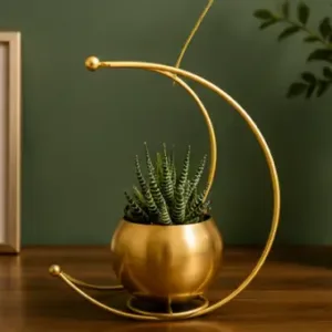 Gold Metal Moon Shape Flower Vase – Geometric Decorative Table Vase for Home, Living Room, Office & Festive Décor ( gold, OS )