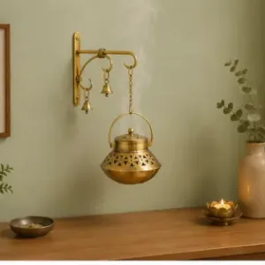 Antique Gold Dhoop Pot Wall Hanging with Bells & Chain | Metal Incense Holder for Home Temple & Décor ( default, OS )