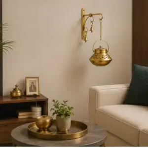 Antique Gold Dhoop Pot Wall Hanging with Bells & Chain | Metal Incense Holder for Home Temple & Décor ( default, OS )