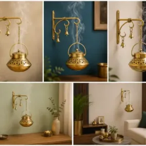 Antique Gold Dhoop Pot Wall Hanging with Bells & Chain | Metal Incense Holder for Home Temple & Décor ( default, OS )