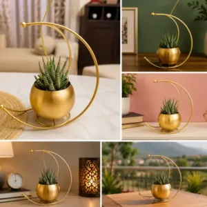Gold Metal Moon Shape Flower Vase – Geometric Decorative Table Vase for Home, Living Room, Office & Festive Décor ( gold, OS )