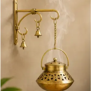 Antique Gold Dhoop Pot Wall Hanging with Bells & Chain | Metal Incense Holder for Home Temple & Décor ( default, OS )