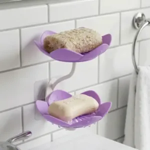Flower Shape Double Layer Soap Dish – Wall Mounted Self-Draining Soap Holder with Strong Adhesive for Bathroom & Kitchen ( default, OS )