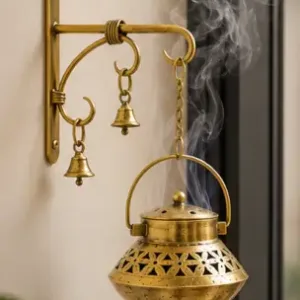 Antique Gold Dhoop Pot Wall Hanging with Bells & Chain | Metal Incense Holder for Home Temple & Décor ( default, OS )
