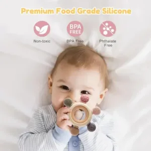 Silicone & Wooden Baby Teether – Multi-Texture Sensory Teething Ring for Infants ( default, OS )