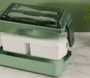 3-in-1 Plastic Lunch Box – Double Decker Airtight Tiffin with 3 Detachable Containers & 2 Spoon ( green, OS )