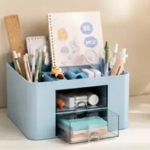 Desk Organiser – 5 Compartments & 2 Drawers Multifunctional Stationery Storage Organizer ( Sky Blue, OS )