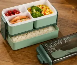 3-in-1 Plastic Lunch Box – Double Decker Airtight Tiffin with 3 Detachable Containers & 2 Spoon ( green, OS )