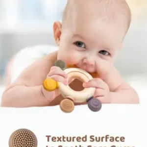 Silicone & Wooden Baby Teether – Multi-Texture Sensory Teething Ring for Infants ( default, OS )
