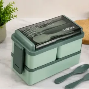 3-in-1 Plastic Lunch Box – Double Decker Airtight Tiffin with 3 Detachable Containers & 2 Spoon ( green, OS )