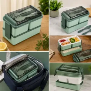 3-in-1 Plastic Lunch Box – Double Decker Airtight Tiffin with 3 Detachable Containers & 2 Spoon ( green, OS )