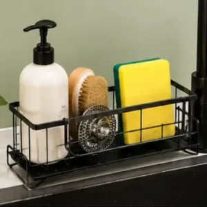 Rustproof Kitchen Sink Organizer Rack – Steel Sponge, Soap & Scrubber Holder with Drain Tray ( black, OS )