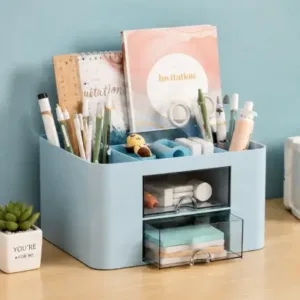 Desk Organiser – 5 Compartments & 2 Drawers Multifunctional Stationery Storage Organizer ( Sky Blue, OS )