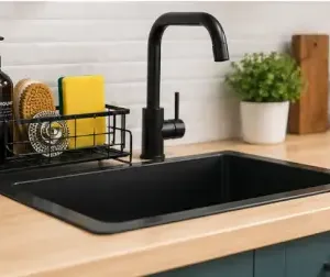 Rustproof Kitchen Sink Organizer Rack – Steel Sponge, Soap & Scrubber Holder with Drain Tray ( black, OS )