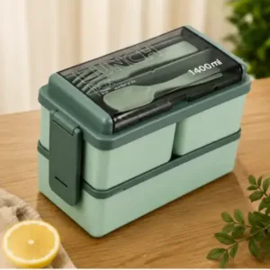 3-in-1 Plastic Lunch Box – Double Decker Airtight Tiffin with 3 Detachable Containers & 2 Spoon ( green, OS )
