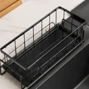 Rustproof Kitchen Sink Organizer Rack – Steel Sponge, Soap & Scrubber Holder with Drain Tray ( black, OS )